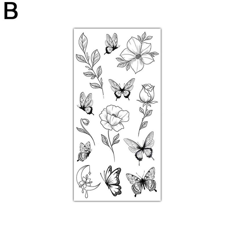 Sketch flower, rose, black and white flower temporary tattoo stickers, 1 piece